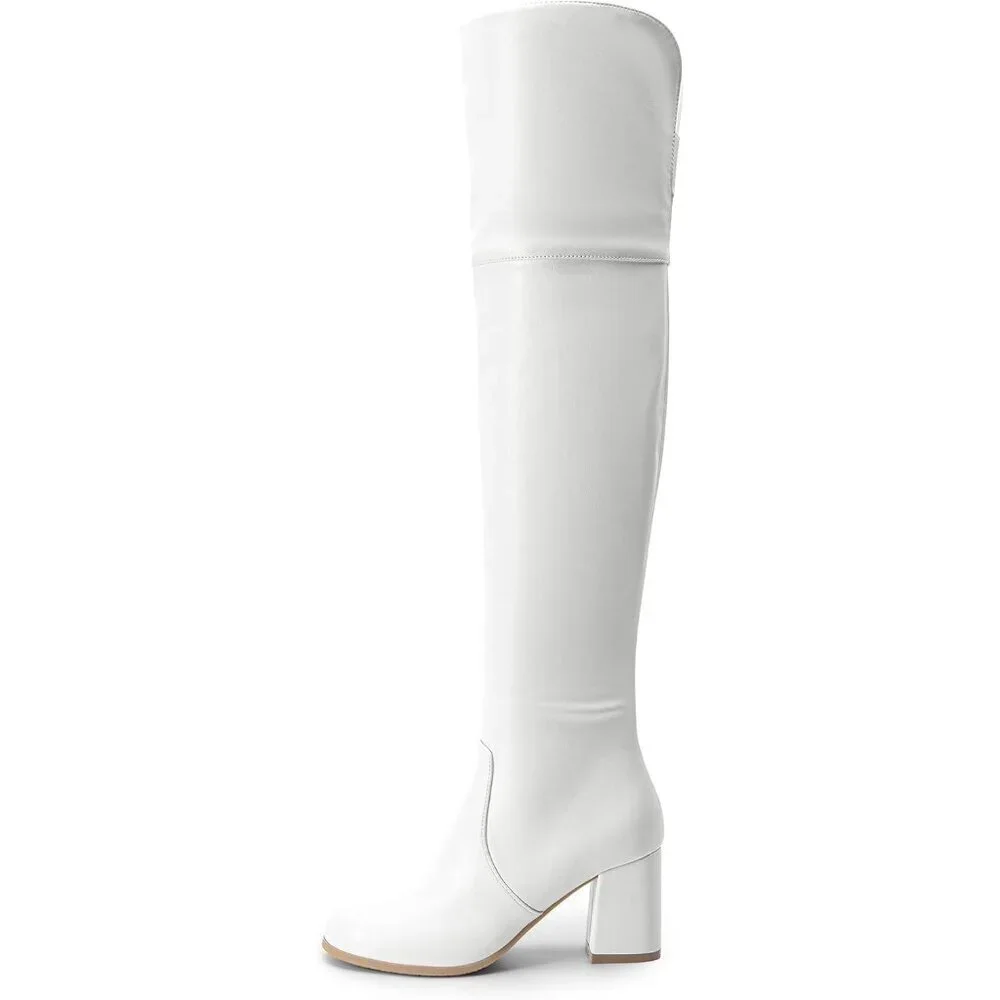 Women's White-pu Faux Suede Thigh High Block Heel Over The Knee Pointed Boots